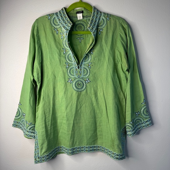 J.Crew Factory Tunic Green Embroidered Size Medium Linen Cotton Blend - Picture 1 of 16